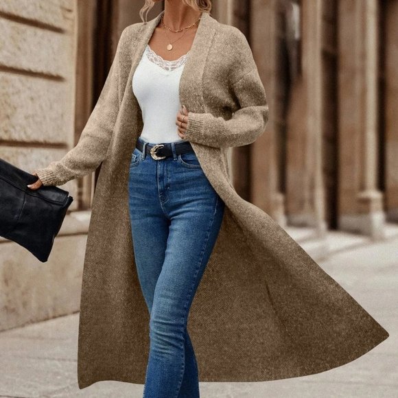 Khaki Preppy Womens Shawl Collar Drop Shoulder Duster Cardigan - Picture 3 of 5